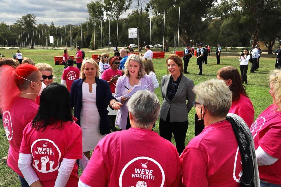Pic: Rallying with aged care workers on the Parliament House lawn.